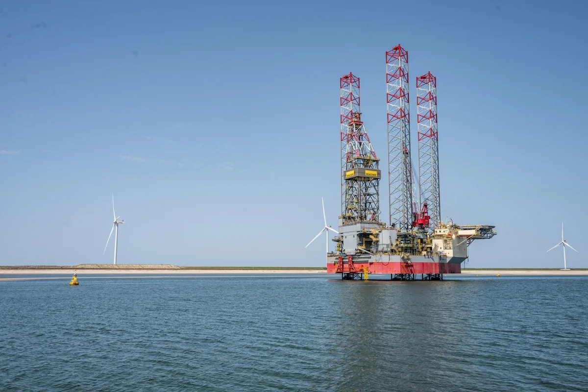 A jack-up rig near an offshore wind farm