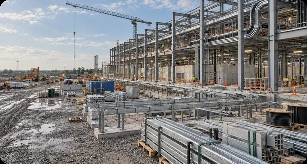 A construction yard with pipe racks